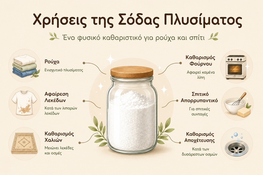 Χρήσεις της σόδας πλυσίματος σε ρούχα, λεκέδες και καθαριότητα σπιτιού.