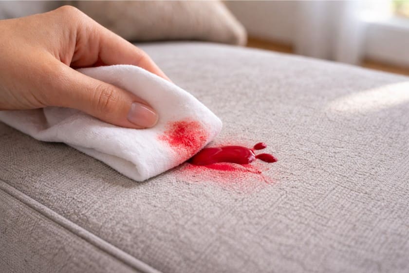Καθαρισμός λεκέ από καλλυντικά σε καναπέ.