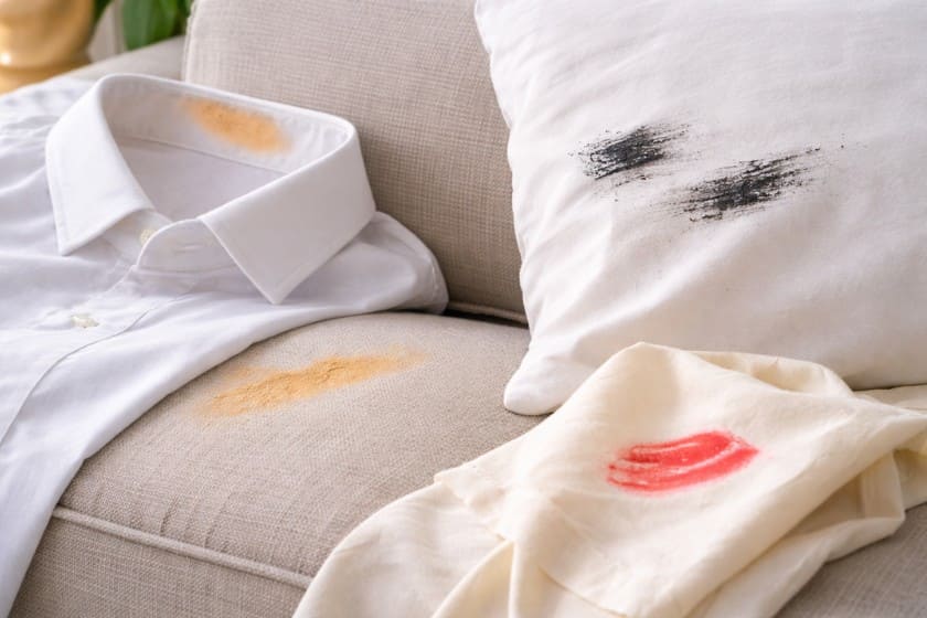 Λεκέδες από Μακιγιάζ και Καλλυντικά σε διάφορα υφάσματα. Λεκές από μακιγιάζ σε λευκό πουκάμισο, λεκές από κραγιόν σε ύφασμα, λεκές από μάσκαρα σε μαξιλαροθήκη