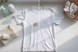 Λεκέδες στα Ρούχα: Πλήρης Οδηγός για Κάθε Τύπο Λεκέ. Tshirt με λεκέ από σοκολάτα πριν και μετά τον καθαρισμό.