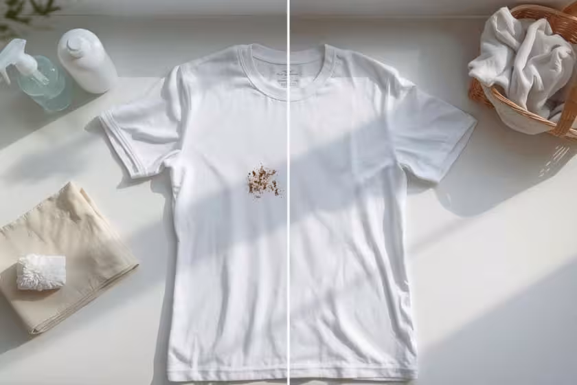 Λεκέδες στα Ρούχα: Πλήρης Οδηγός για Κάθε Τύπο Λεκέ. Tshirt με λεκέ από σοκολάτα πριν και μετά τον καθαρισμό.